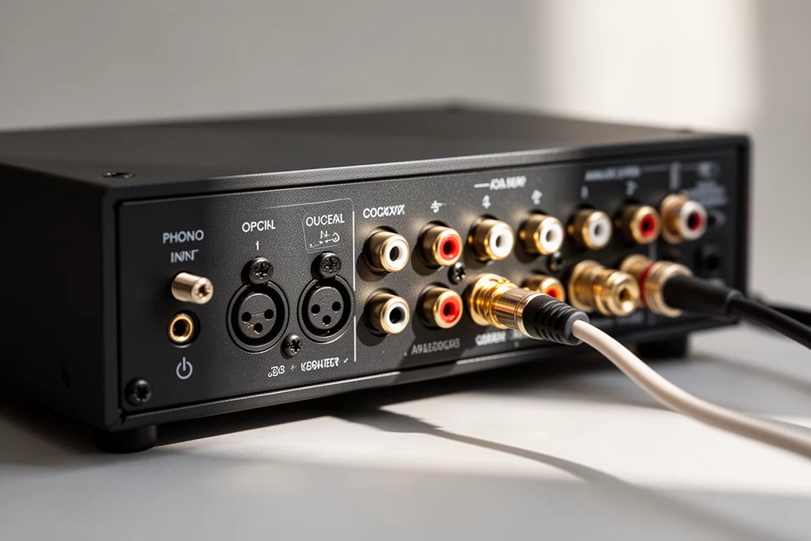 Gros plan du panneau arrière de l'amplificateur avec connexions phono, optiques et enceintes
