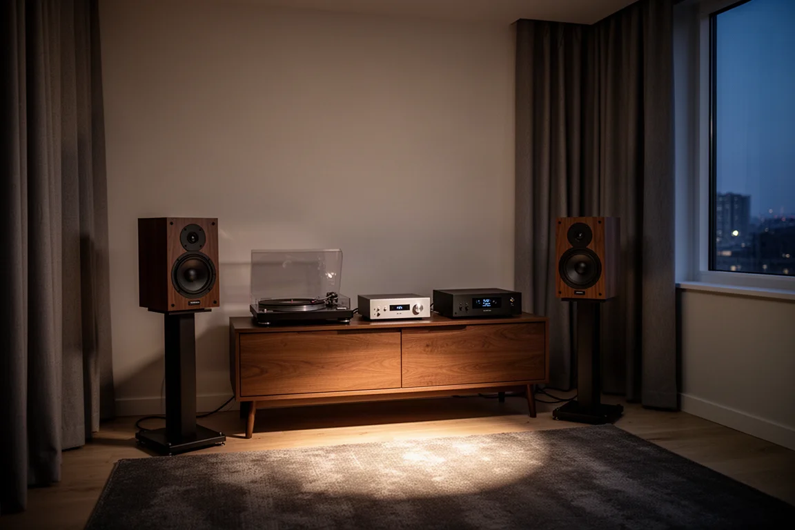 Petite pièce d'écoute au crépuscule avec enceintes bibliothèque, platine vinyle et amplificateur compact