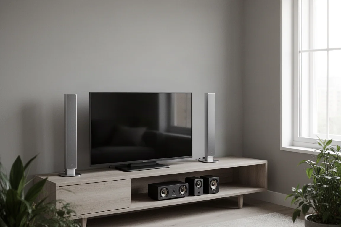 Récepteur slimline posé à la verticale à côté d'un téléviseur sur un meuble bas