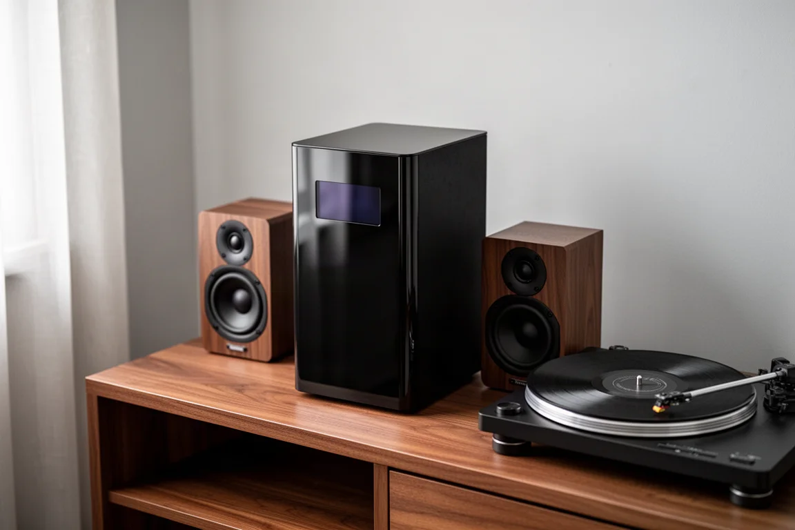 Compact desktop amplifier with glossy top panel beside bookshelf speakers on a wooden console