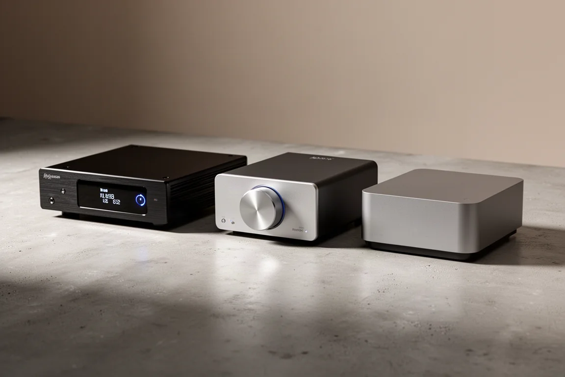 Three compact streaming amplifiers arranged on a concrete surface in soft studio light
