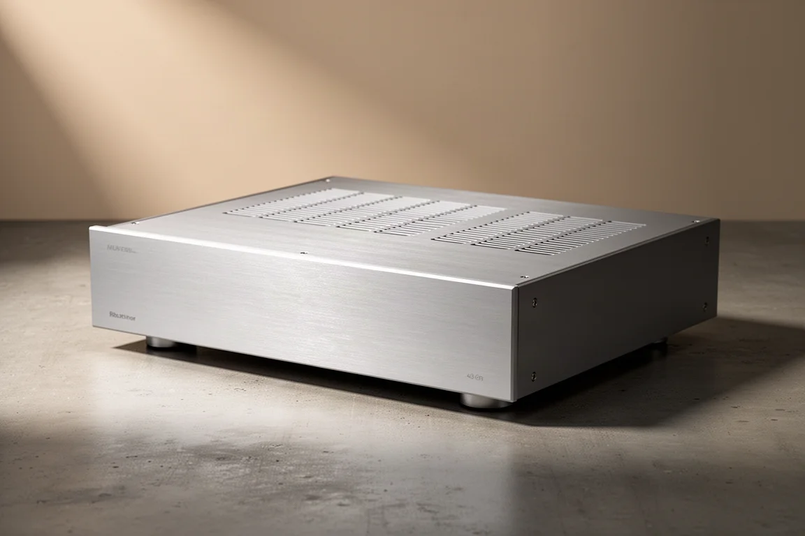 Compact brushed aluminium two-channel power amplifier on a matte concrete surface
