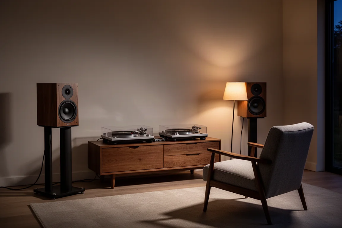 Hi-fi-anläggning i vardagsrum med golvhögtalare och varm kvällsbelysning