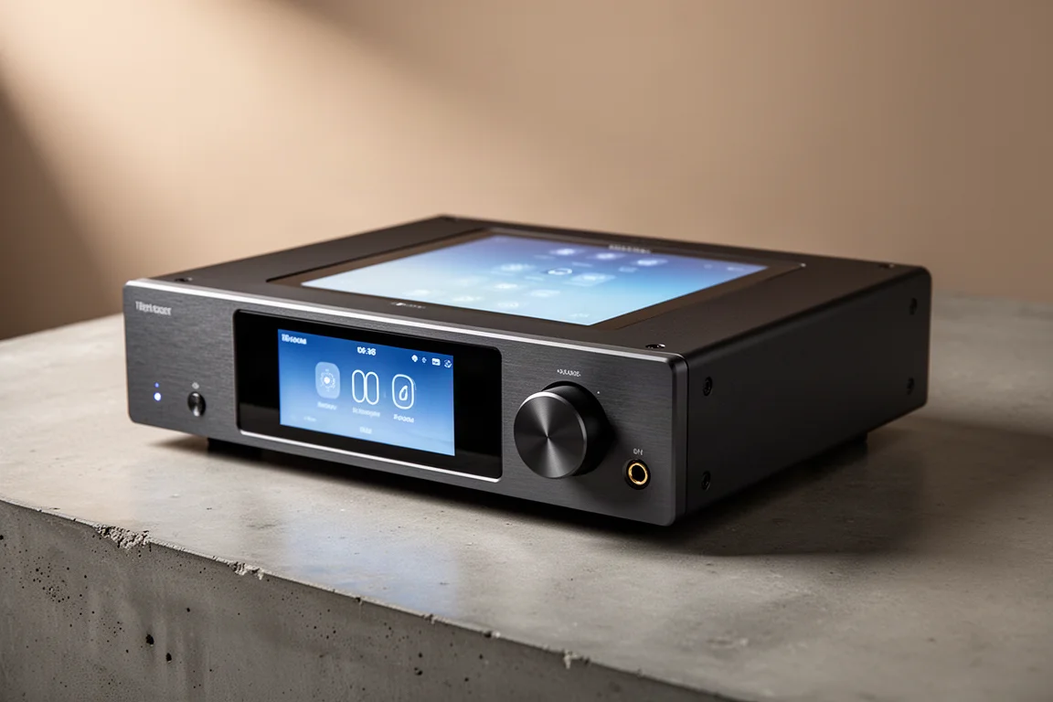 Black brushed aluminium streaming preamplifier with touchscreen beside a power amplifier on concrete