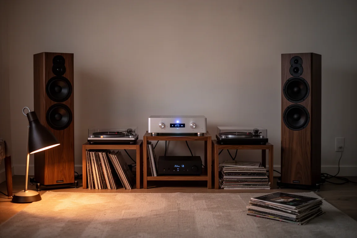 Sala d'ascolto hi-fi al crepuscolo con un amplificatore su un rack tra due diffusori da pavimento