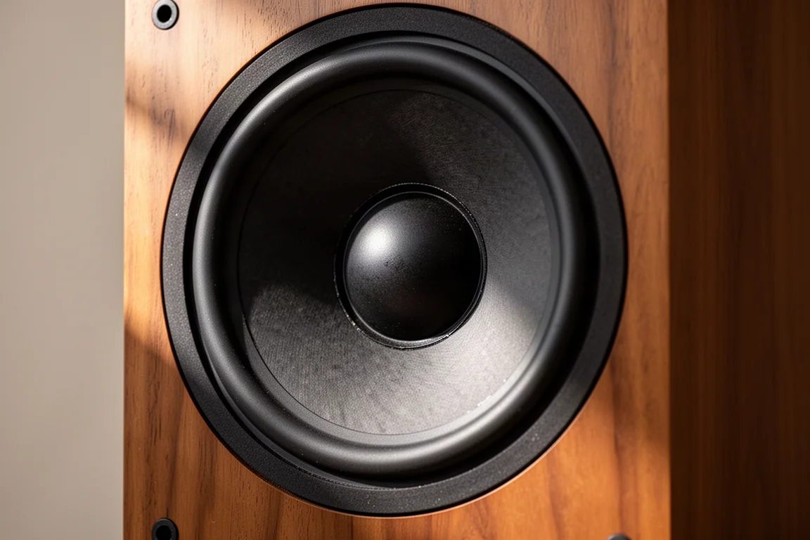 Primo piano del cono di un woofer di un grande diffusore e della sospensione in gomma in un cabinet in legno