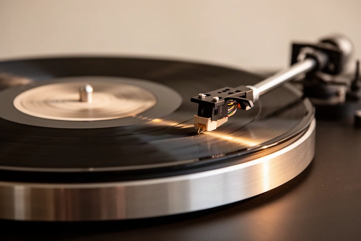 Disco in vinile che gira sul giradischi con braccio e testina sopra i solchi