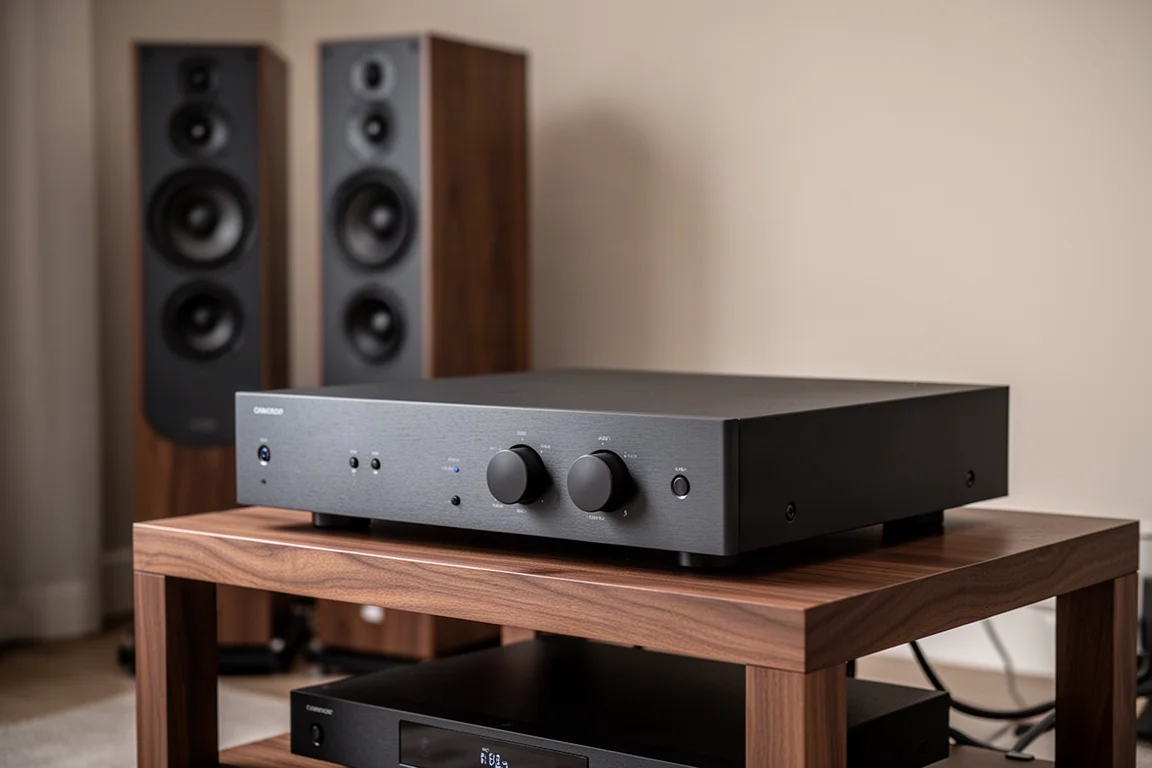 Slim dark grey two-channel power amplifier on a walnut rack in a listening room