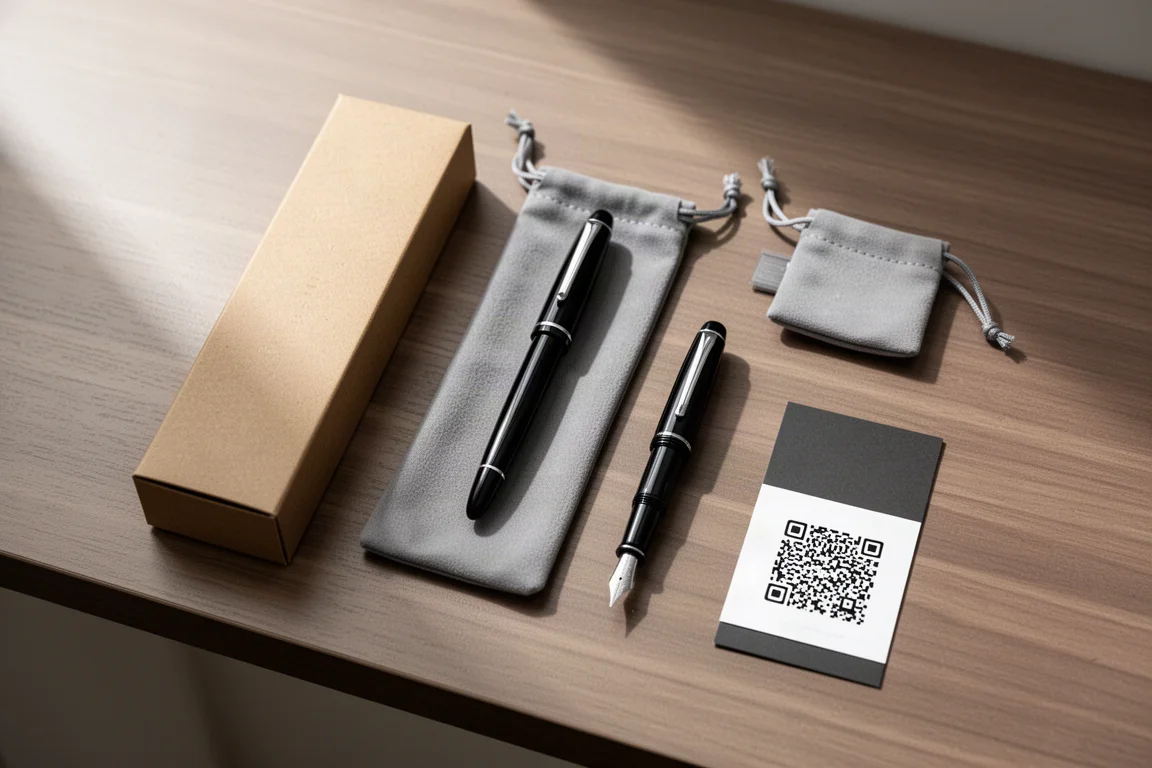 Unboxing spread with a cardboard sleeve, pen sleeve, and QR manual card on a wooden desk