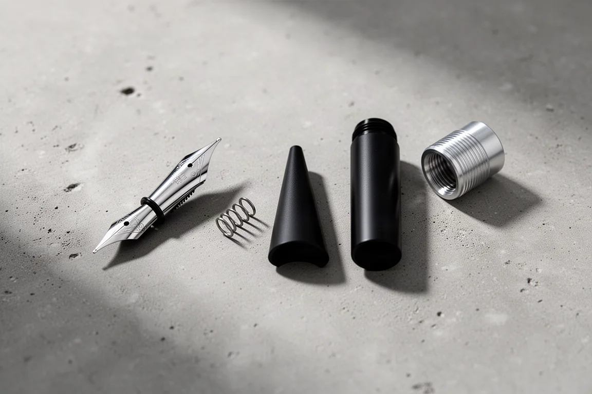 Disassembled retractable nib unit, spring, and aluminum components on a grey surface