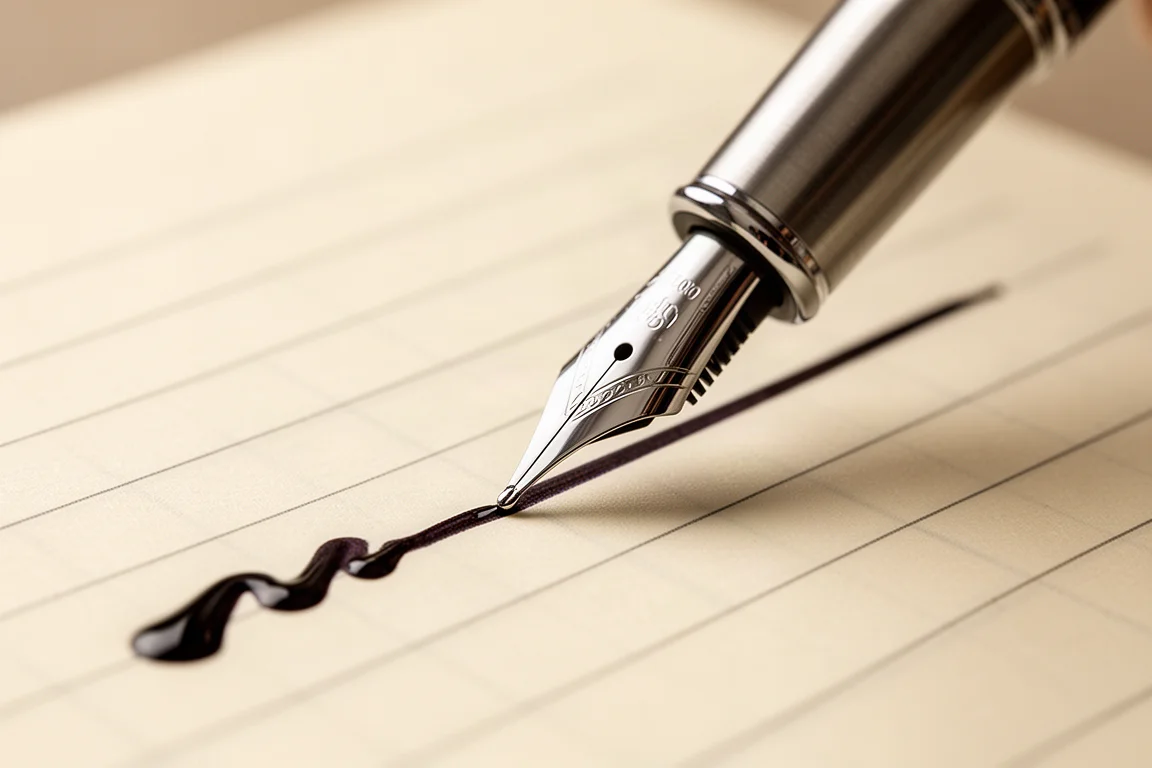 Fine fountain pen nib laying down smooth ink lines in a lined notebook