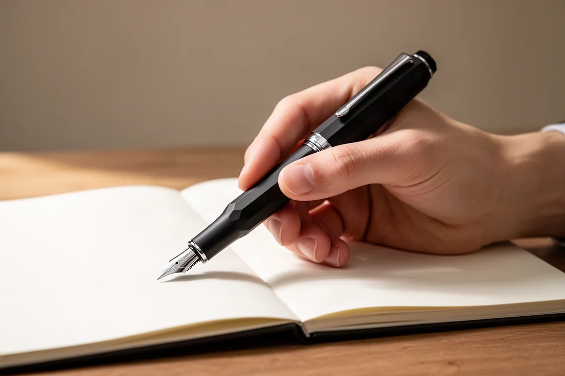 Hand holding a large faceted black fountain pen over a notebook on a desk