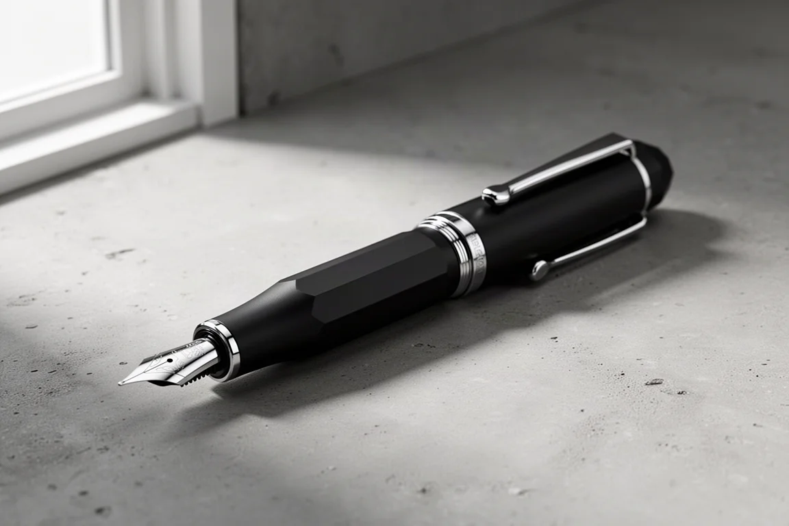 Penna stilografica retrattile in alluminio nero opaco sfaccettato con finiture cromate su cemento