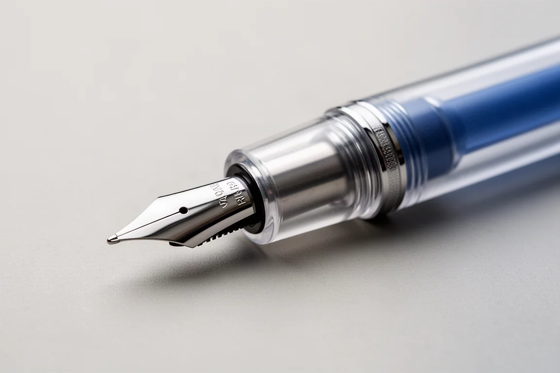 Transparent acrylic fountain pen cap showing the stainless steel nib through the material