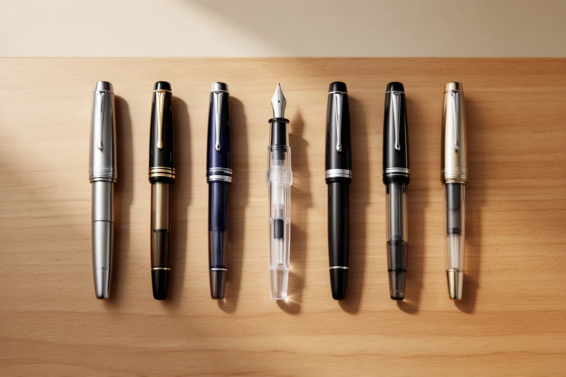 Fountain pen posted next to several other fountain pens for size comparison