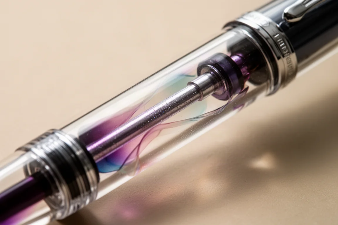 Vacuum filler piston rod visible inside a transparent fountain pen barrel