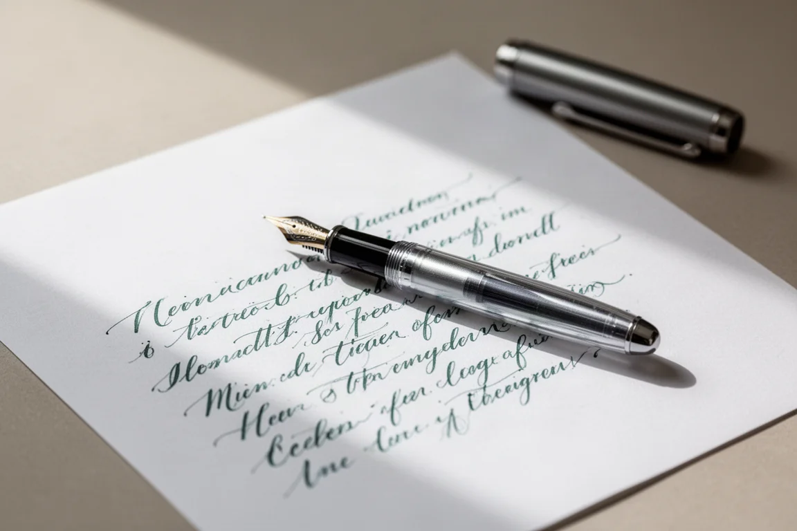 Fountain pen writing sample in blue-green ink on white paper