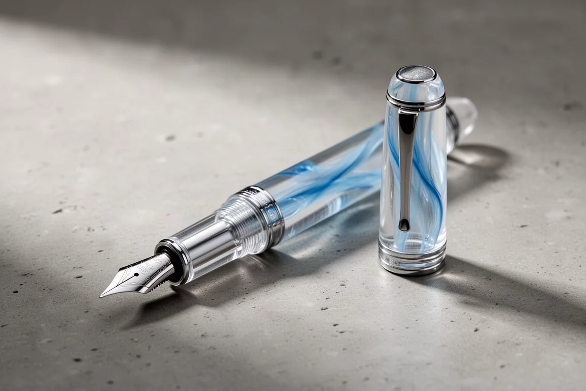 Nahvalur Original Plus fountain pen with translucent blue acrylic and steel nib on concrete