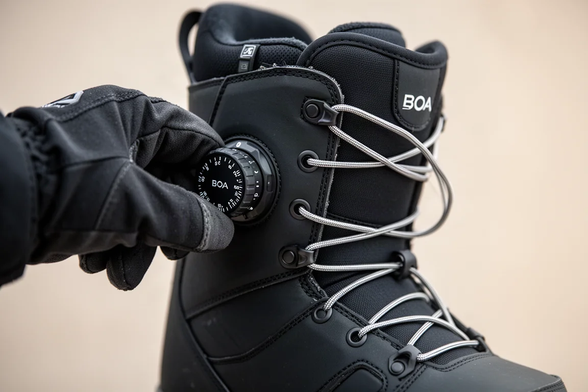 Nahaufnahme der doppelten Boa-Drehknöpfe beim Einstellen an einem Snowboard-Boot