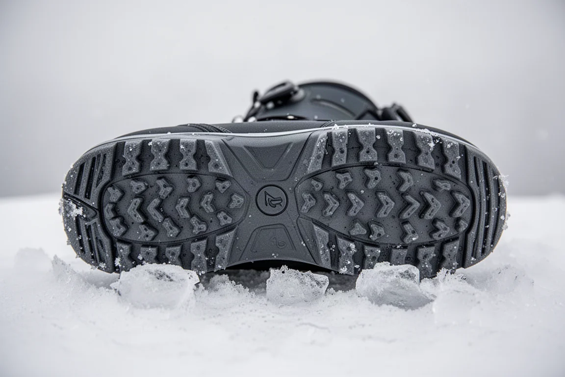 Profilsohle eines Snowboard-Boots auf eisiger Schneefläche