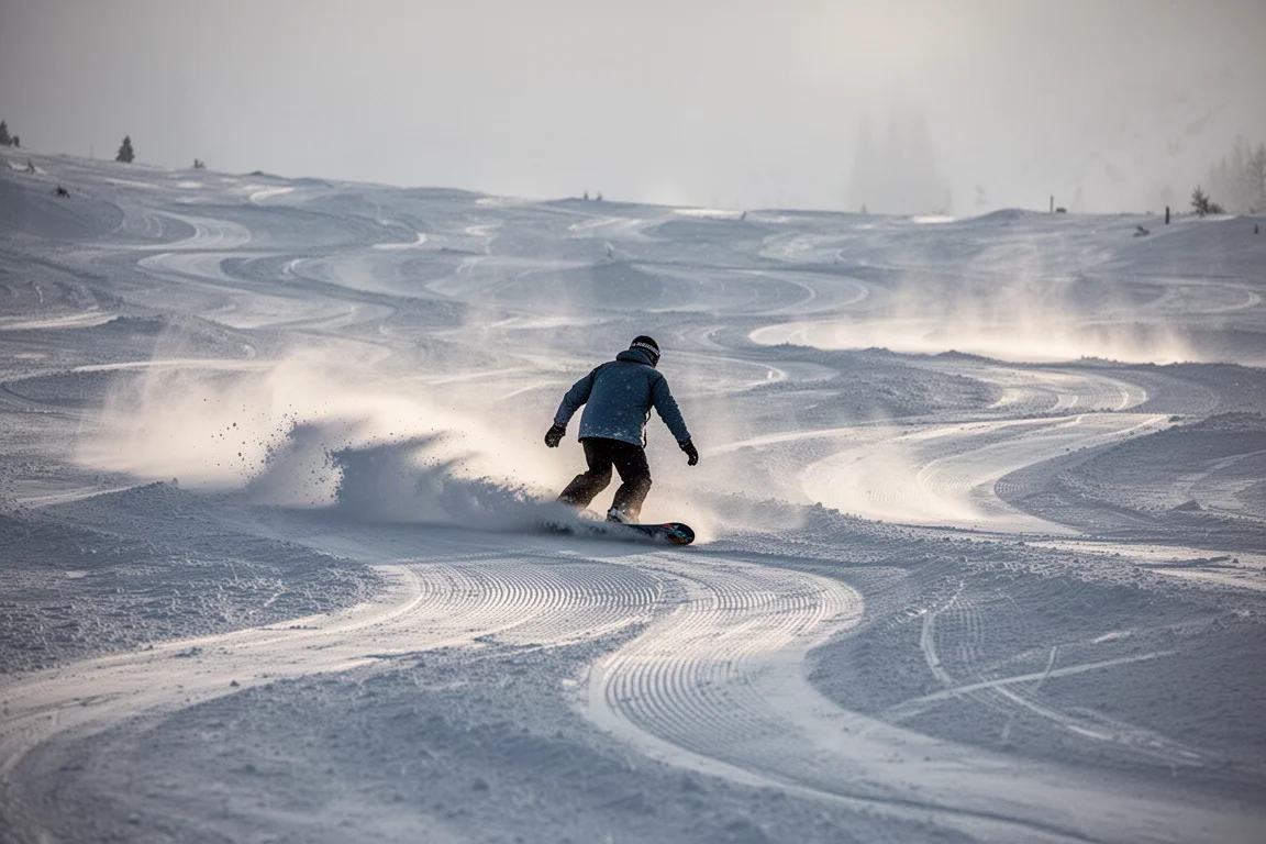 Snowboarder carvingt eine All-Mountain-Linie durch gemischtes Gelände