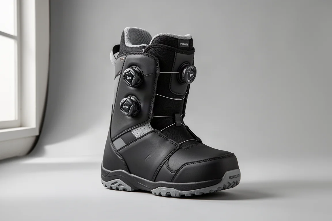 Matte black all-mountain snowboard boot with double Boa dials on a grey studio backdrop