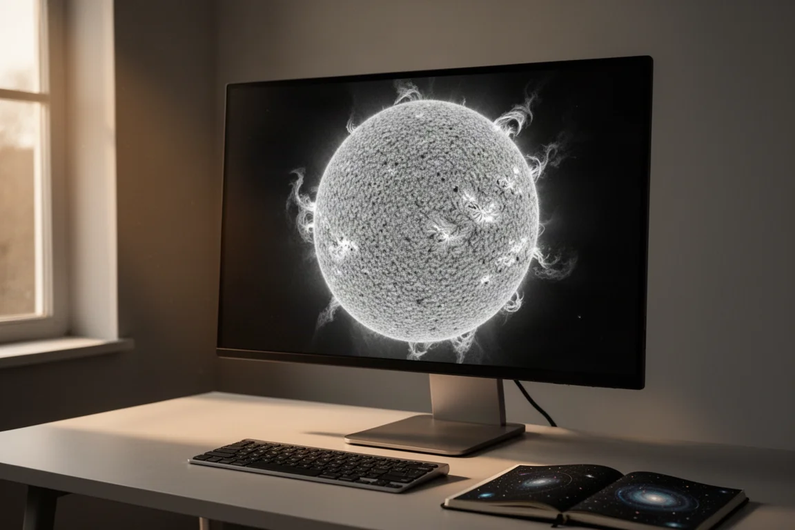 Desktop monitor showing a detailed hydrogen alpha solar disk in a dim workspace