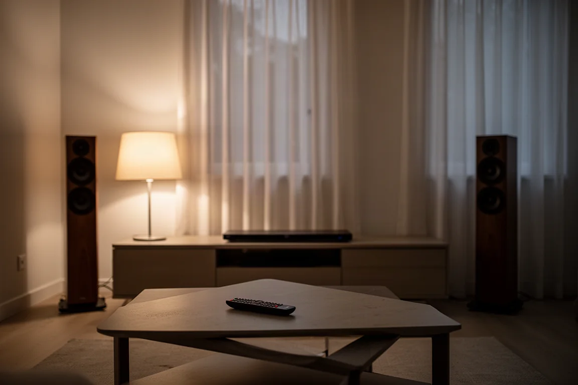 Avondlijke woonkamer met een televisieafstandsbediening op een salontafel en luidsprekers in zacht lamplicht
