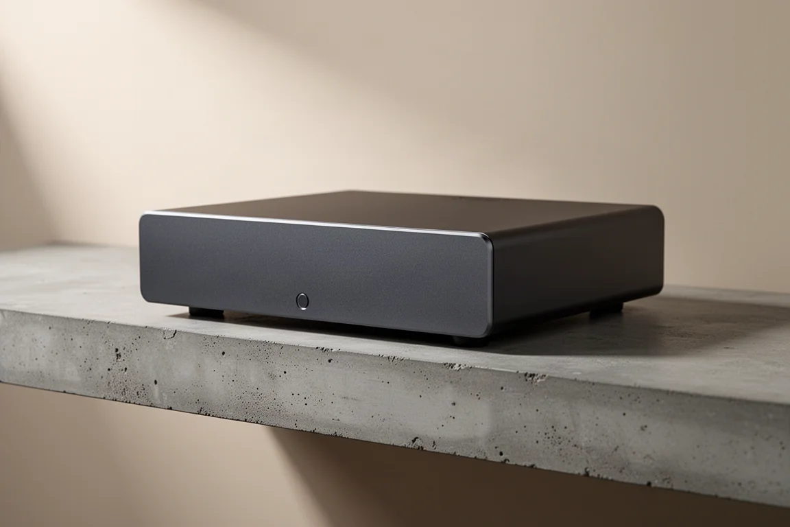 Slim dark aluminium streaming amplifier with a single power button on a concrete shelf