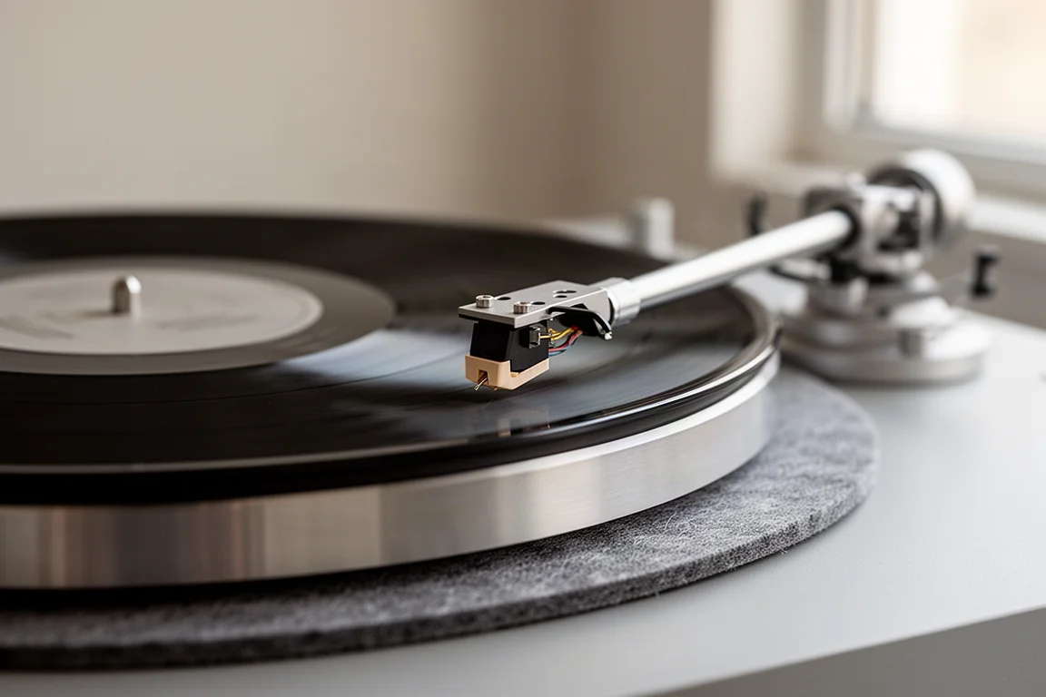 Nahaufnahme eines Plattentellers mit Vinylplatte und Tonabnehmer oberhalb der Rillen