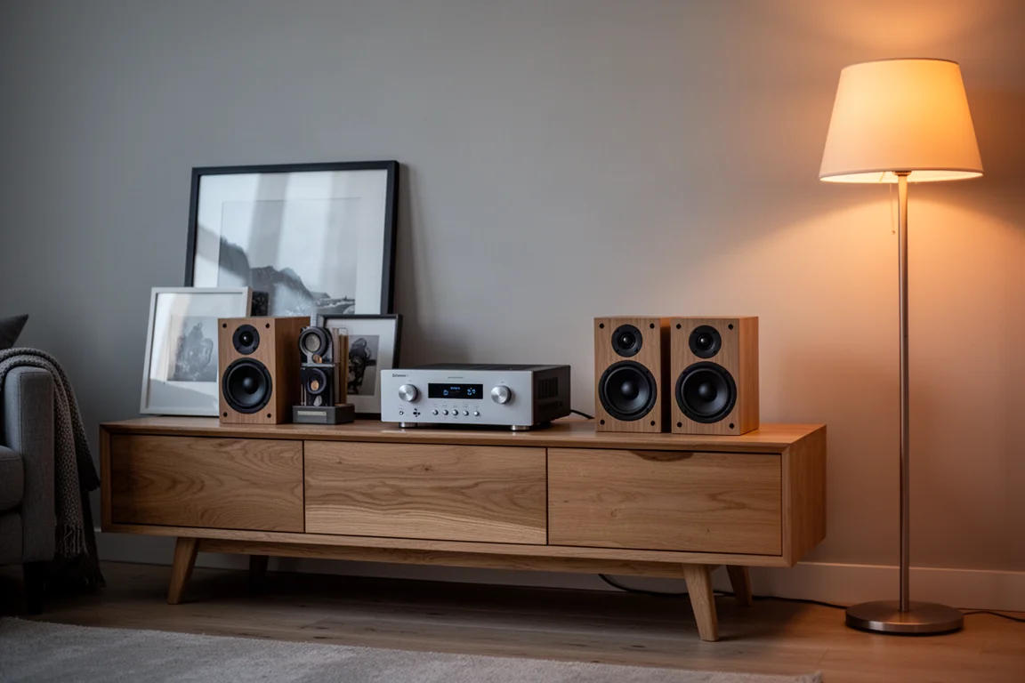 Modernes Wohnzimmer-Sideboard mit kompaktem Verstärker, Regallautsprechern und warmer Stehlampe am Abend