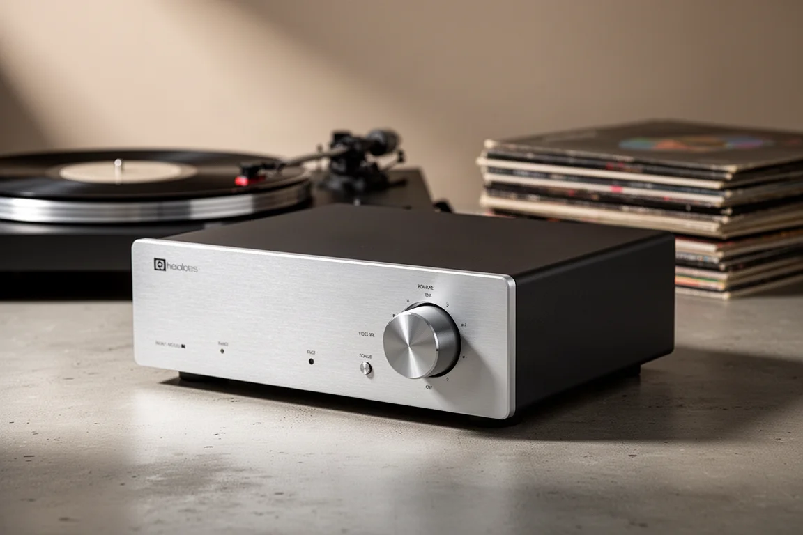 Compact retro integrated amplifier with machined volume knob on concrete, turntable and vinyl behind