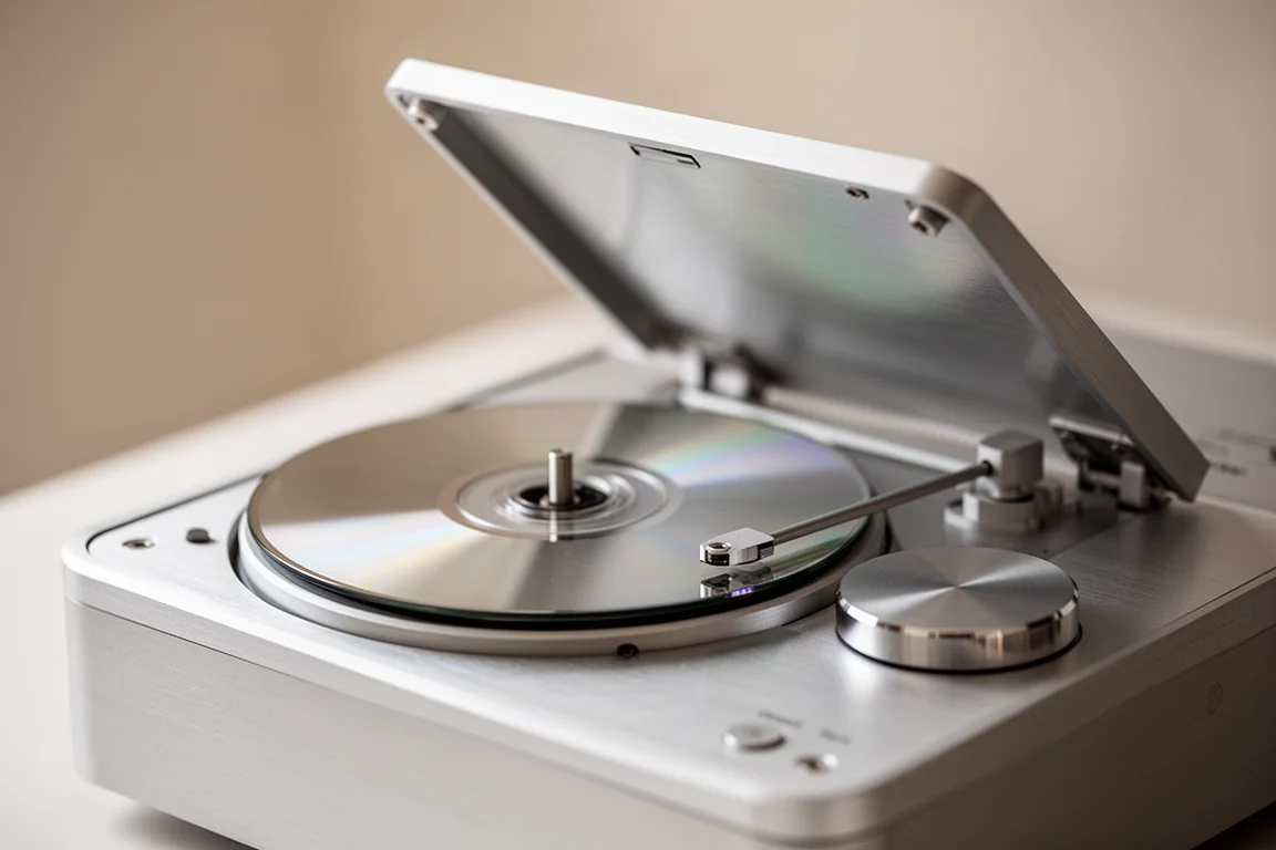 Close-up of a top-loading CD player with a disc placed on the spindle