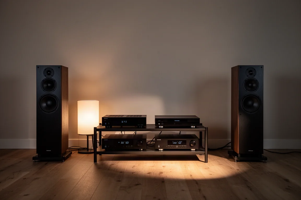 Dimly lit listening room with floorstanding speakers and a hi-fi rack
