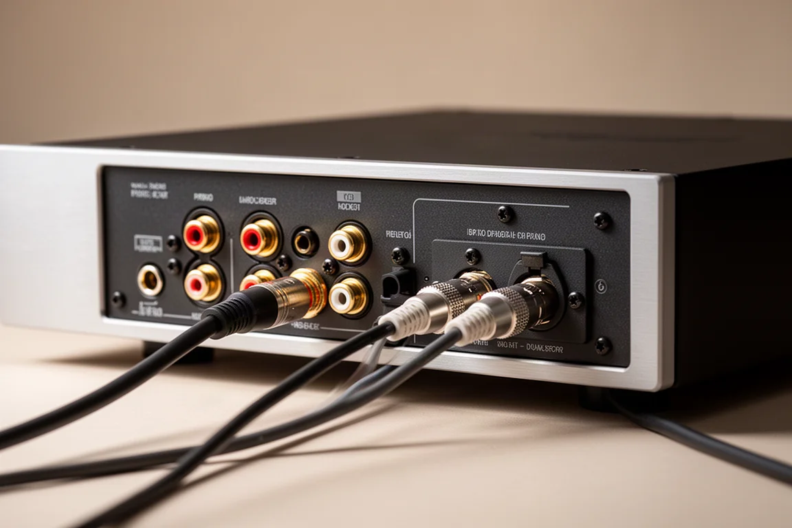 Rear panel detail of an amplifier with interconnects plugged into the sockets