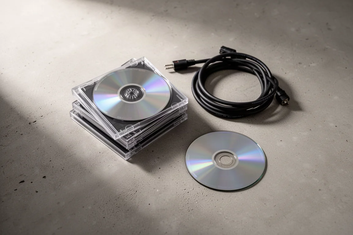 Overhead flat-lay of a small stack of CDs and coiled speaker cable on concrete