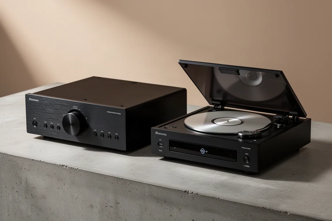 Slim black hi-fi amplifier and top-loading CD player side by side on concrete