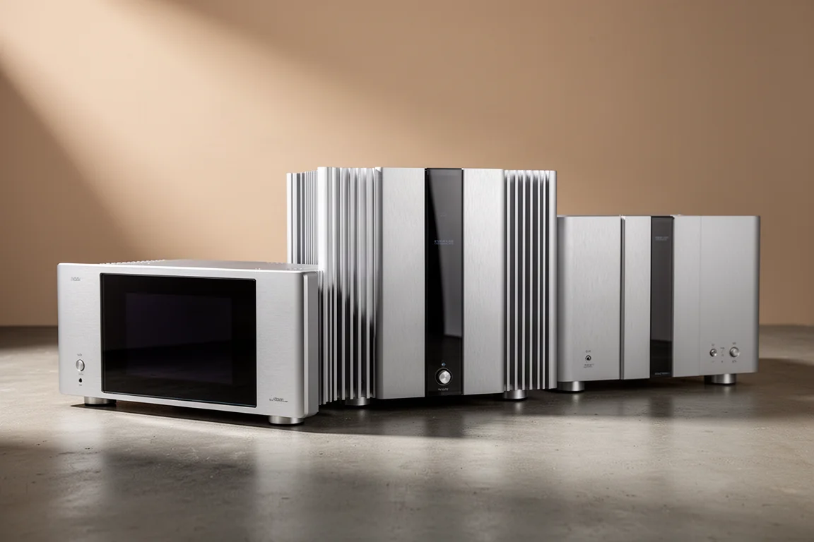 Three matching aluminum hi-fi components with dark glass front panels on concrete