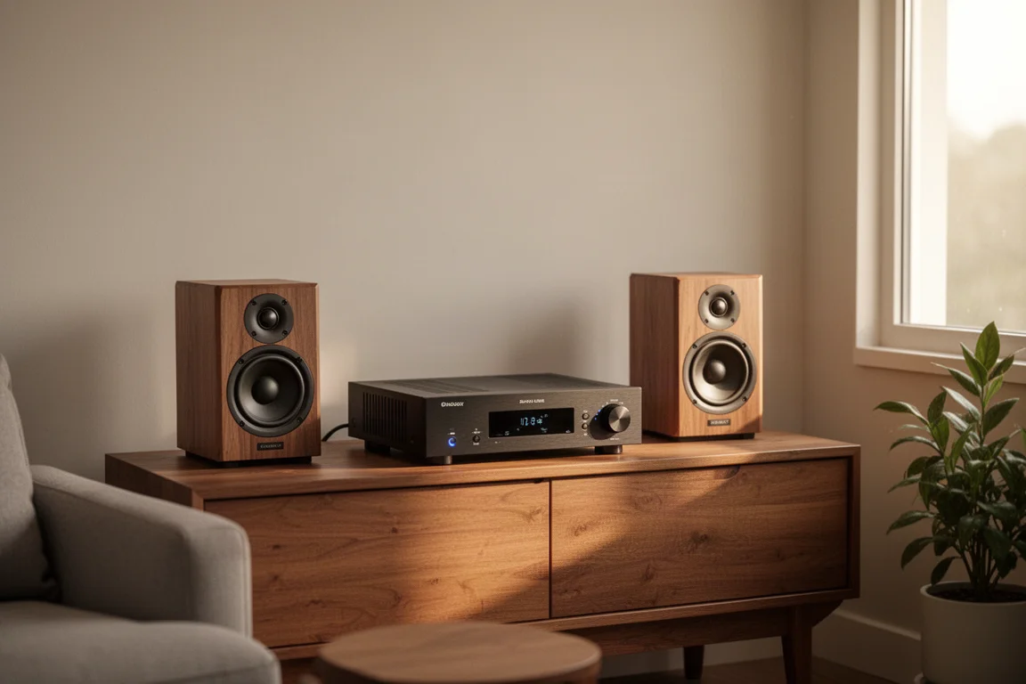Amplificatore con streaming compatto su una credenza in legno con diffusori accanto