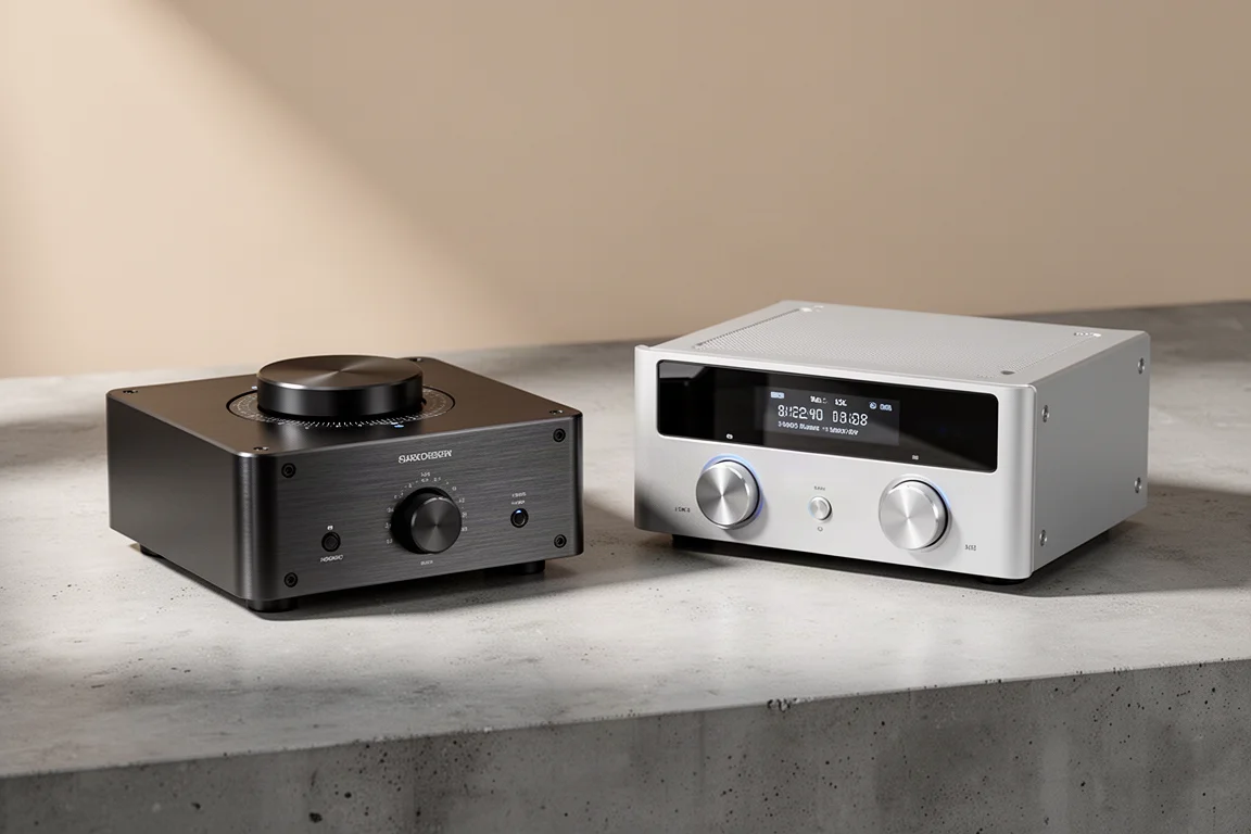 Two compact all-in-one streaming amplifiers side by side on a concrete surface
