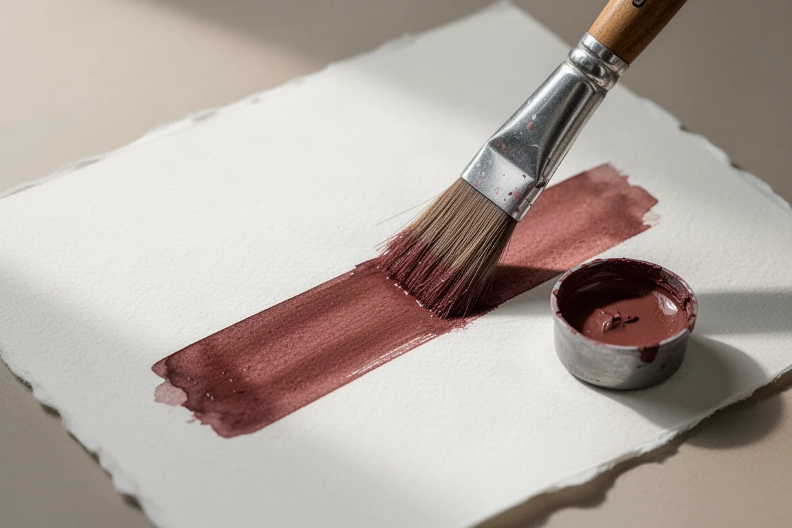 Ein Aquarellpinsel trägt Mineralpigmente auf strukturiertes Papier auf