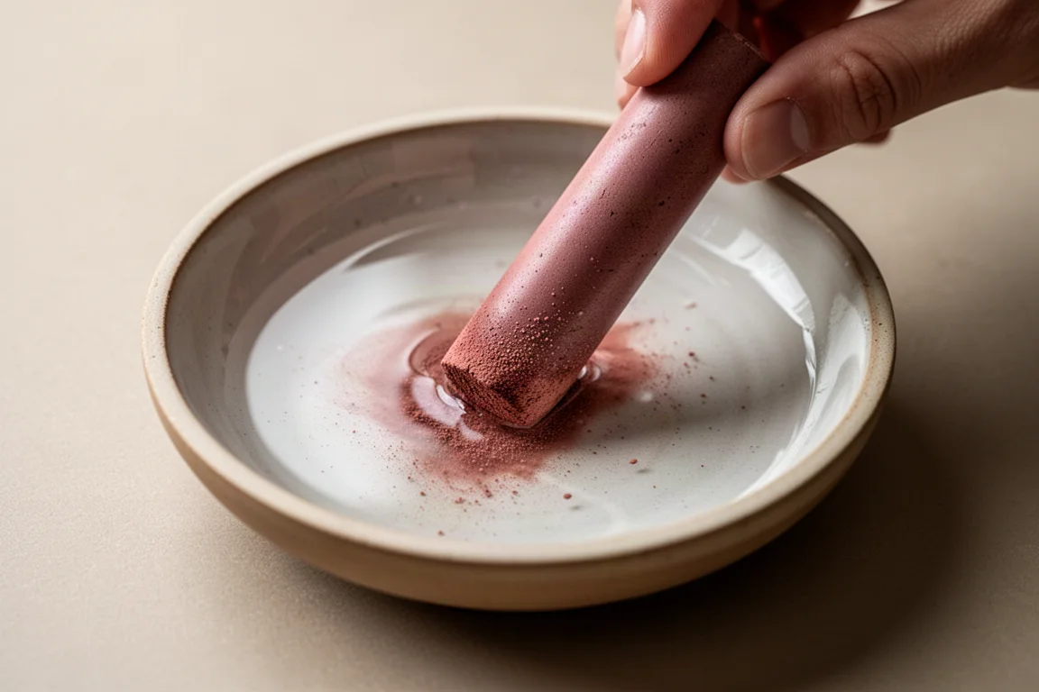 Ein Pigmentstab wird in einer Keramikpalette in Wasser verrieben