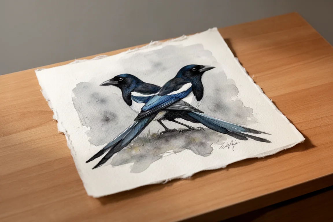Eine gemalte Elster-Studie auf strukturiertem Aquarellpapier