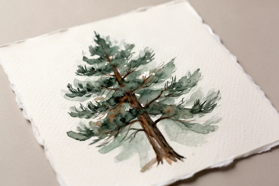 Eine Aquarellstudie einer Kiefer in gedeckten Mineralgrün-Tönen