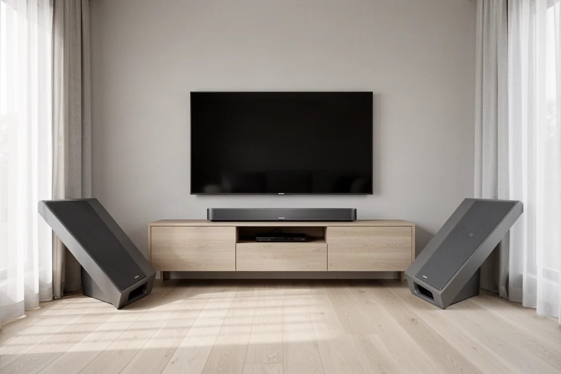 Große Soundbar unter einem wandmontierten Fernseher mit zwei Subwoofern, die in die vorderen Ecken gewinkelt sind