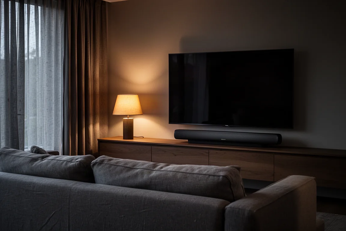 Dämmeriges, schwach beleuchtetes Wohnzimmer mit einer großen Soundbar, die unter einem Fernseher leuchtet