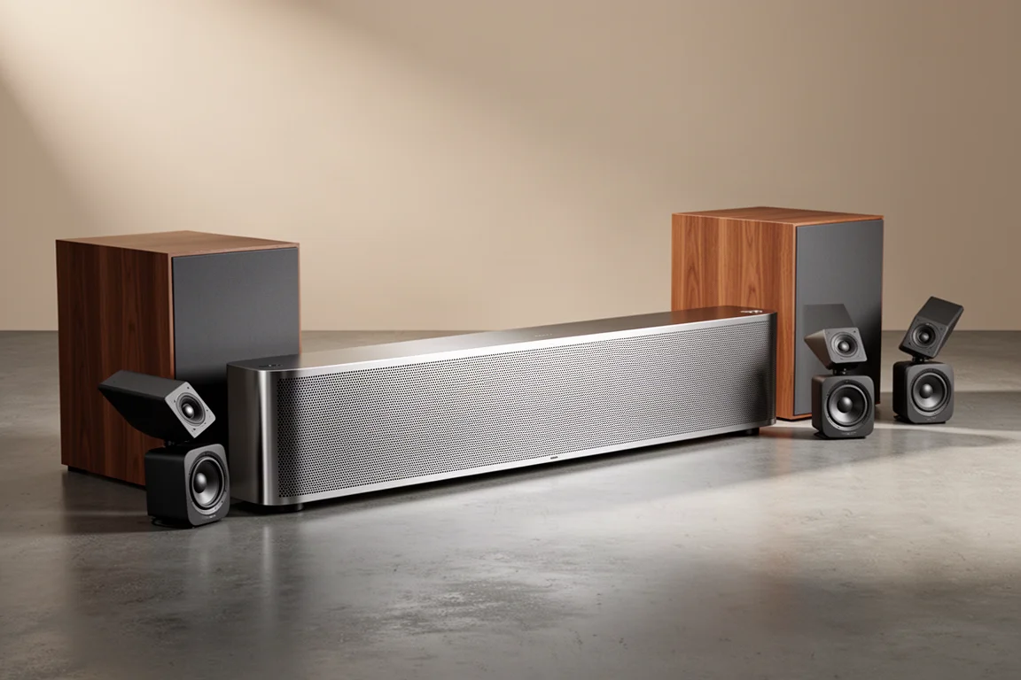Large steel-grille soundbar with two subwoofers and two surround speakers on a concrete floor