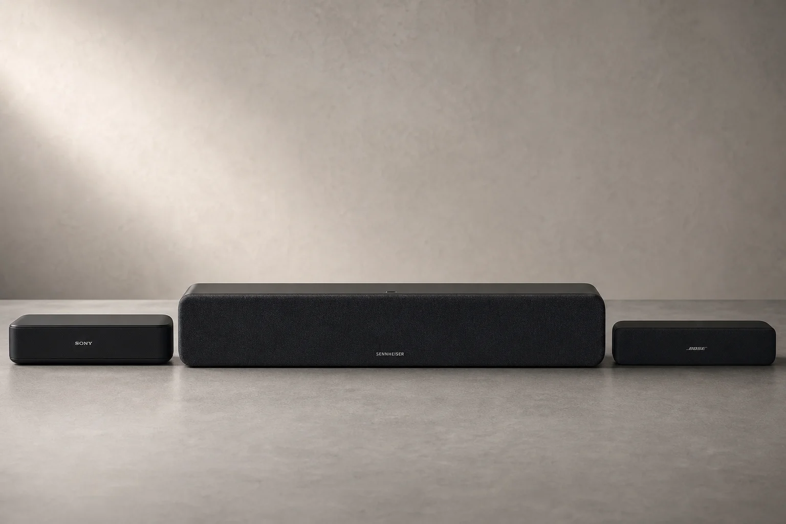 Drei Soundbars im Größenvergleich: das große Gerät neben kleineren Modellen