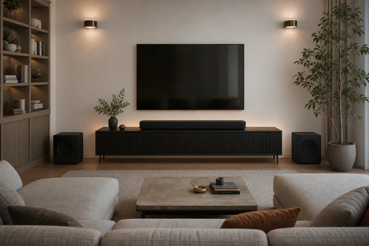 Modernes Wohnzimmer mit Soundbar und Subwoofern für Surround-Sound positioniert