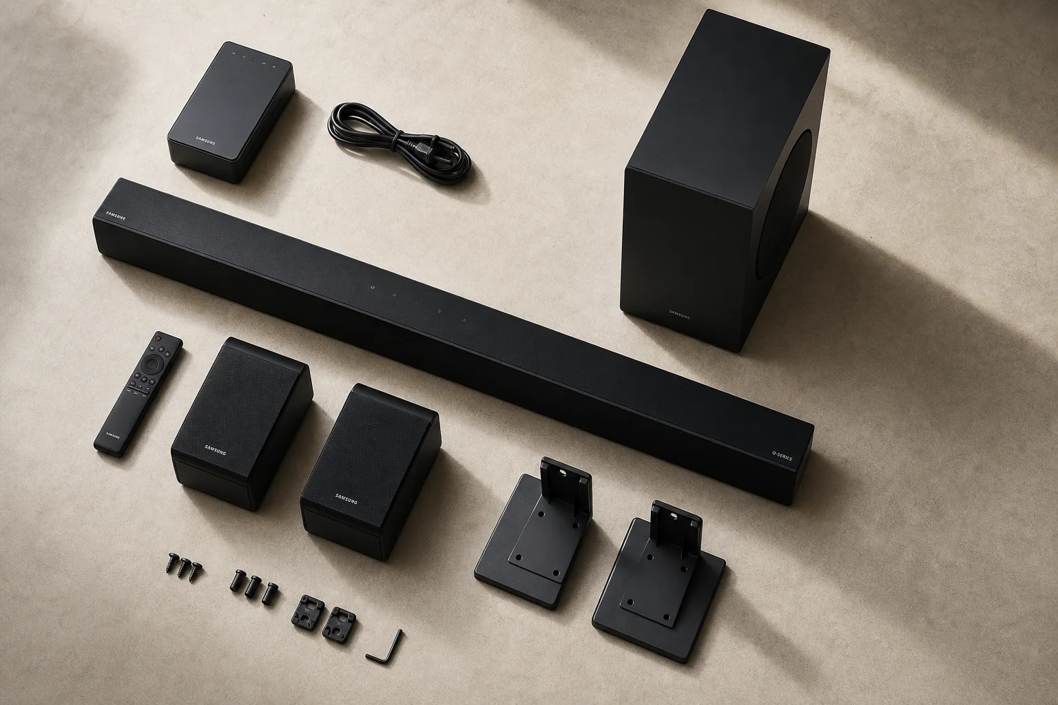 Flachansicht der Soundbar-Komponenten mit sämtlichem Zubehör und Ständern